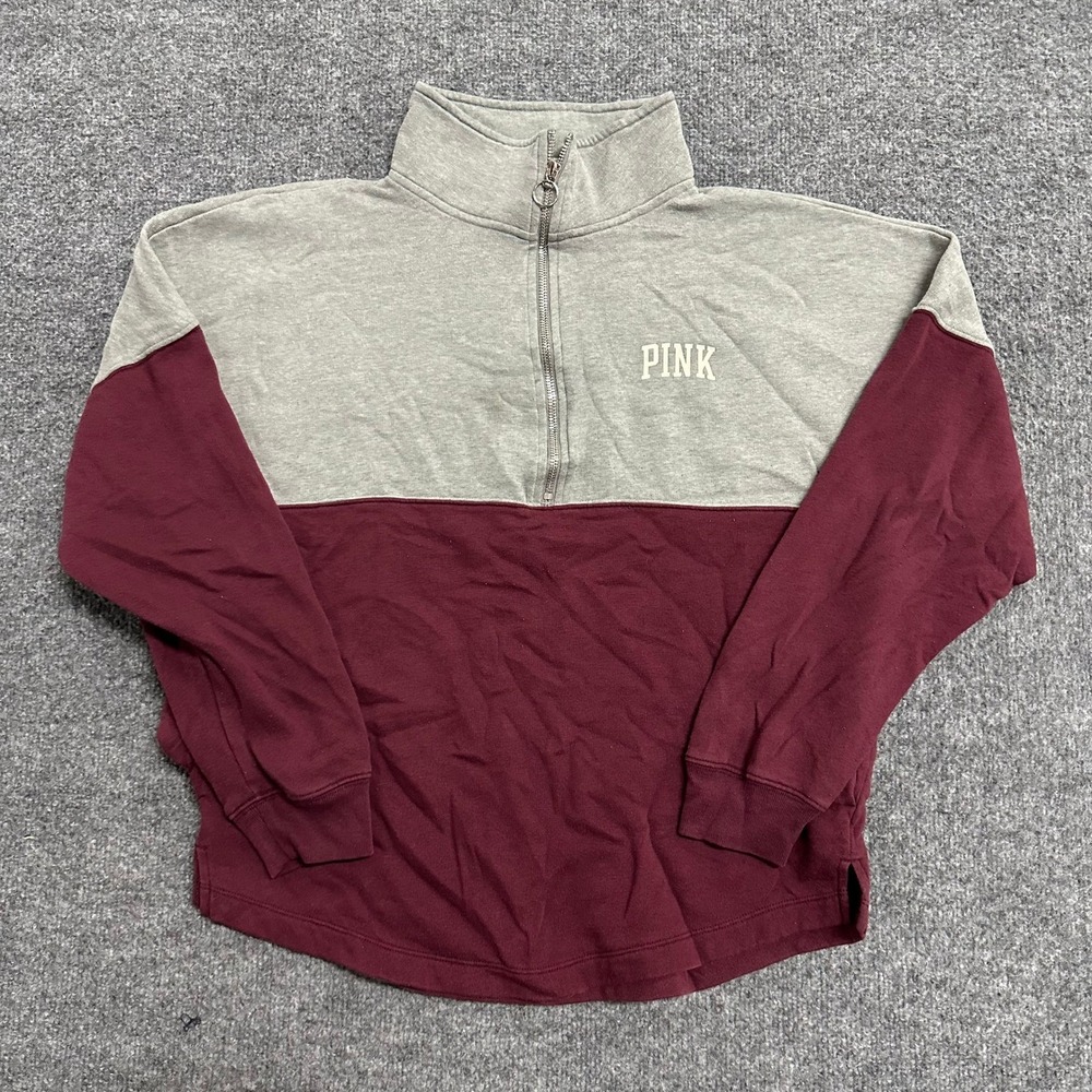 Pink Pullover Womens XS Gray Burgundy Colorblock Quarter Zip Love Pink Graphic